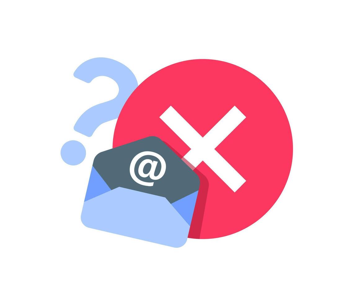 email envelope with at sign and red cross mark. email account not found, login error, or invalid email address vector
