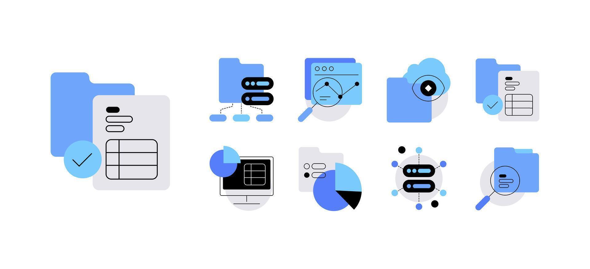 Icons of data management, analysis, and technology vector