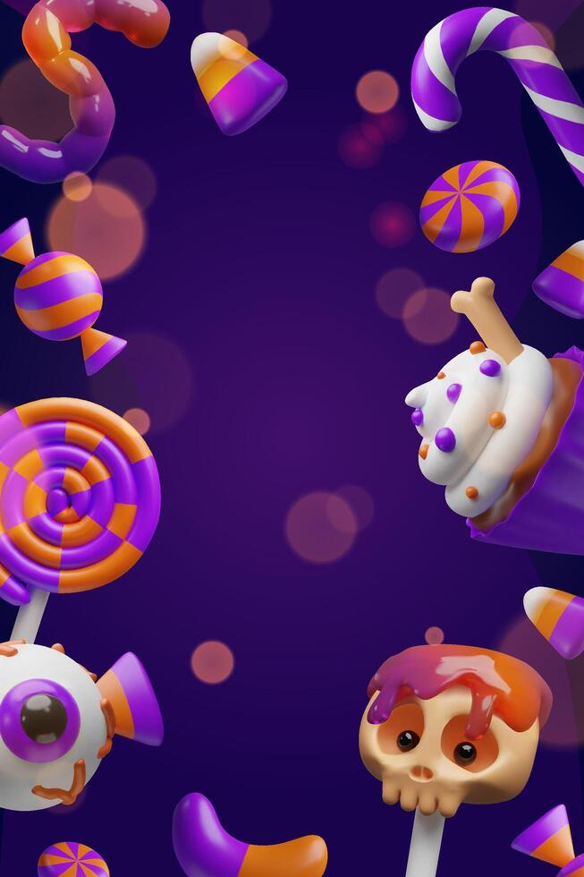 3D Halloween candy frame poster with sweets, cupcakes, eyeballs, lollipops, candy canes, jelly worms, skull. For party invitations, holiday banners, greeting cards, social media posts for Halloween. vector