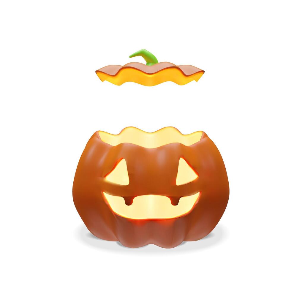 3D Halloween pumpkin with a removable lid and glowing Jack-o-lantern face. Fun and festive design perfect for party invitations, trick-or-treat graphics, spooky decorations, seasonal advertisements. vector