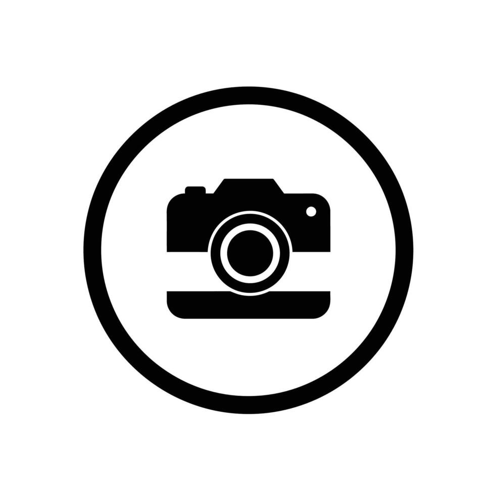 A black and white photo camera icon in a circle vector