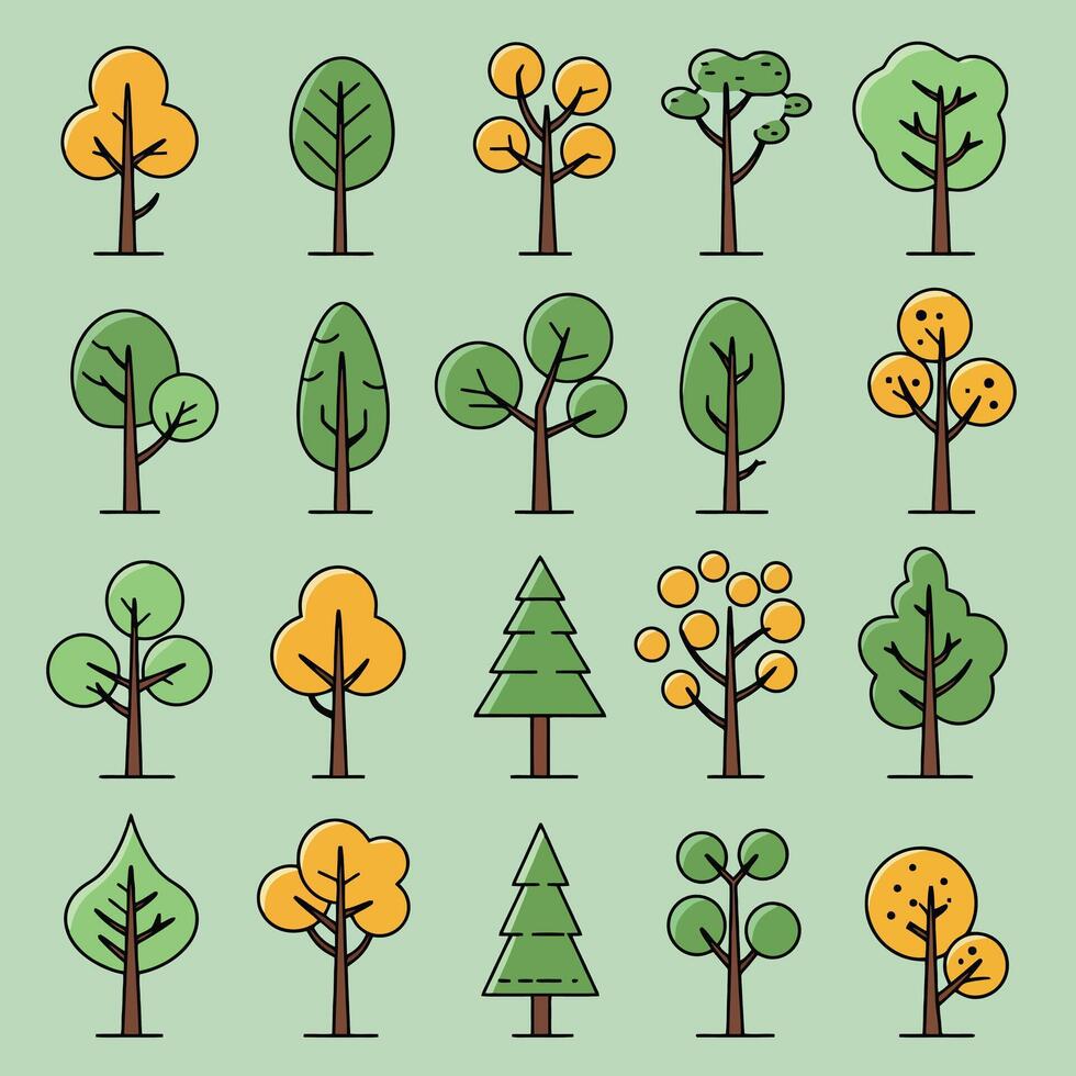 A set of trees and trees icons in different colors vector