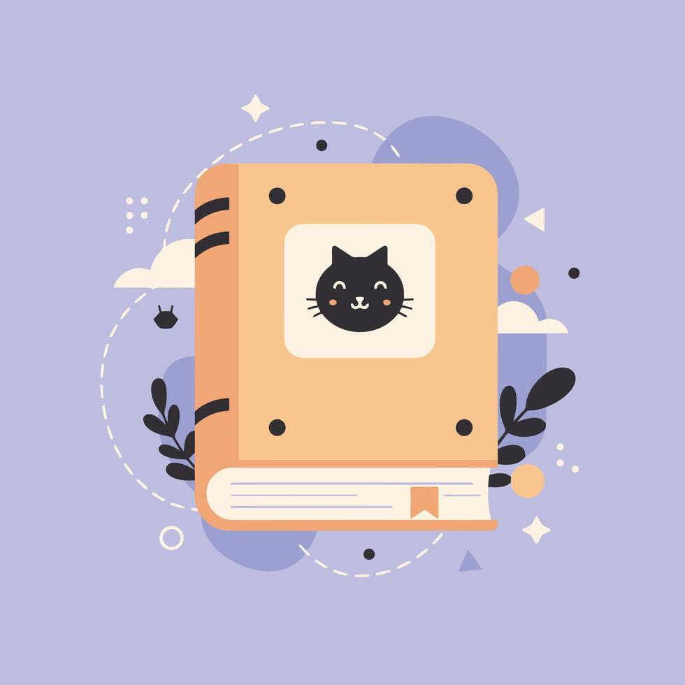 A cat is sitting on top of a book with a cat face on it vector