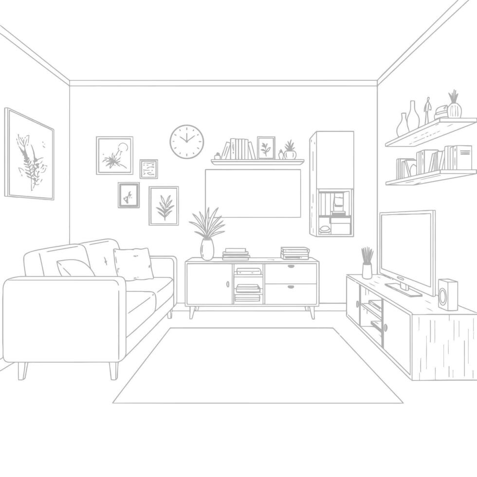 A drawing of a living room with furniture and a clock vector