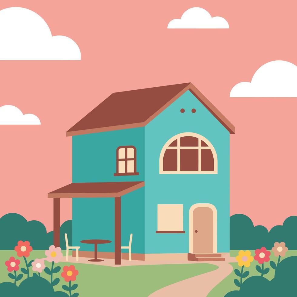 Cartoon house with flowers and clouds vector