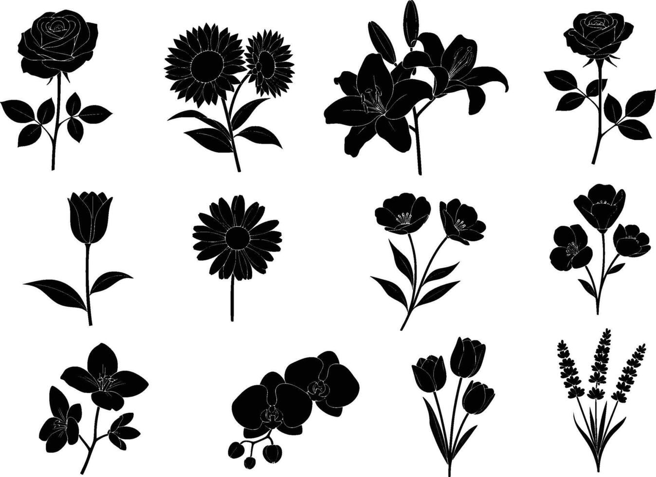 isolated black silhouettes of various flowers on white background vector