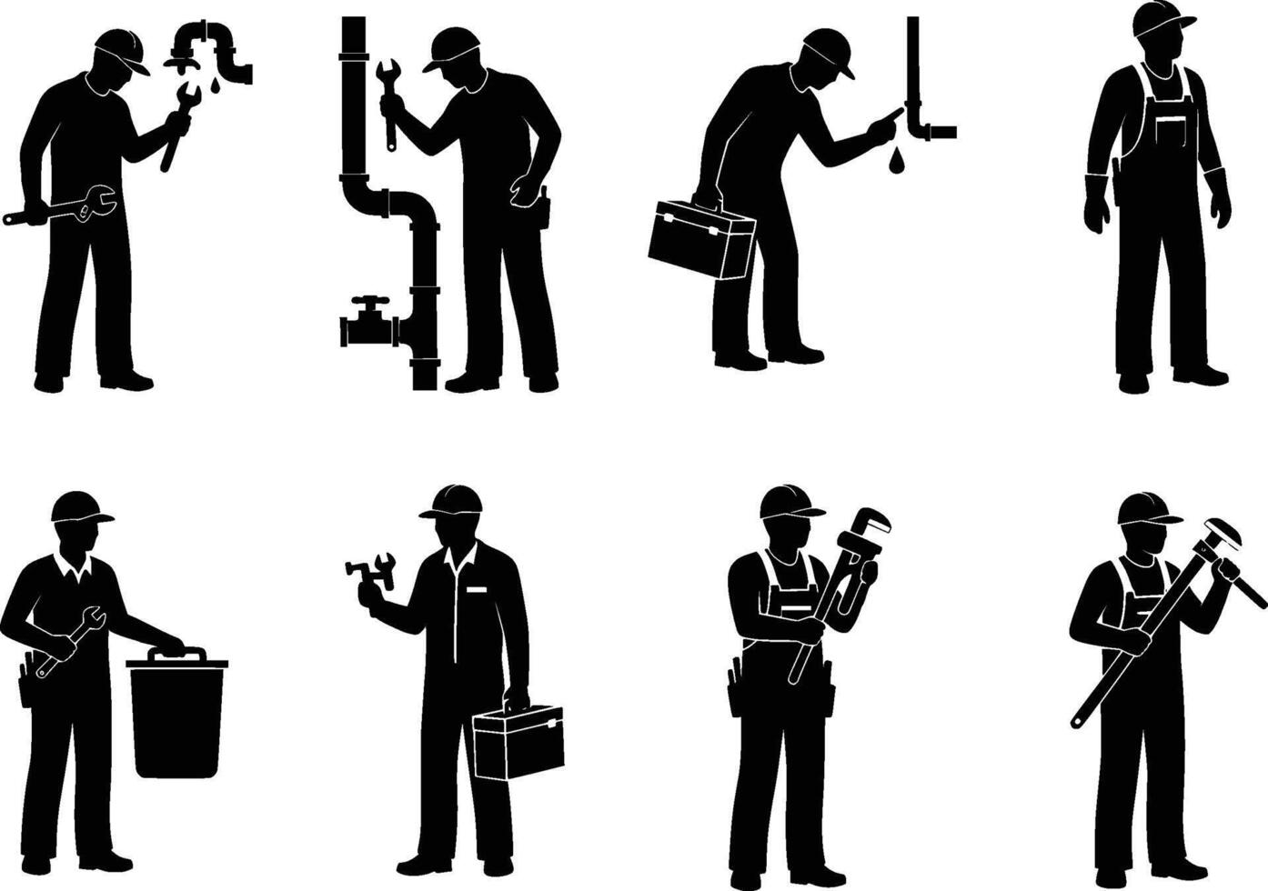 isolated icons of plumbers repairing pipes on white background vector