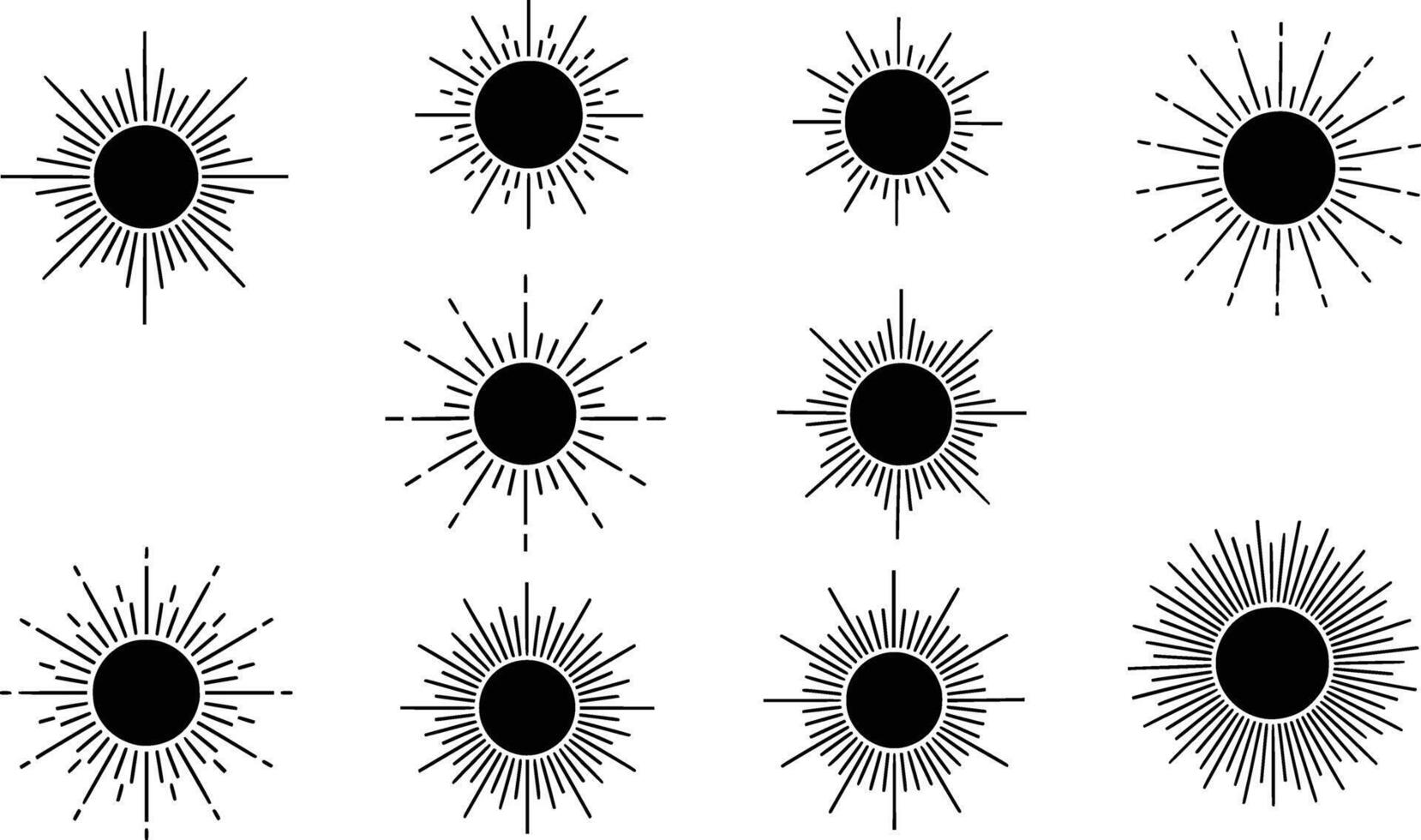 silhouette of a collection of stylized sunburst icons isolated on a white background vector