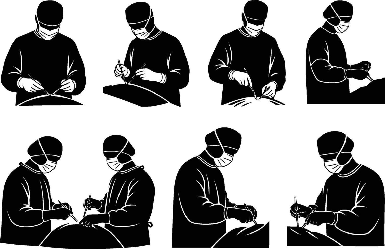 set of isolated surgeon silhouettes performing surgery on white background vector