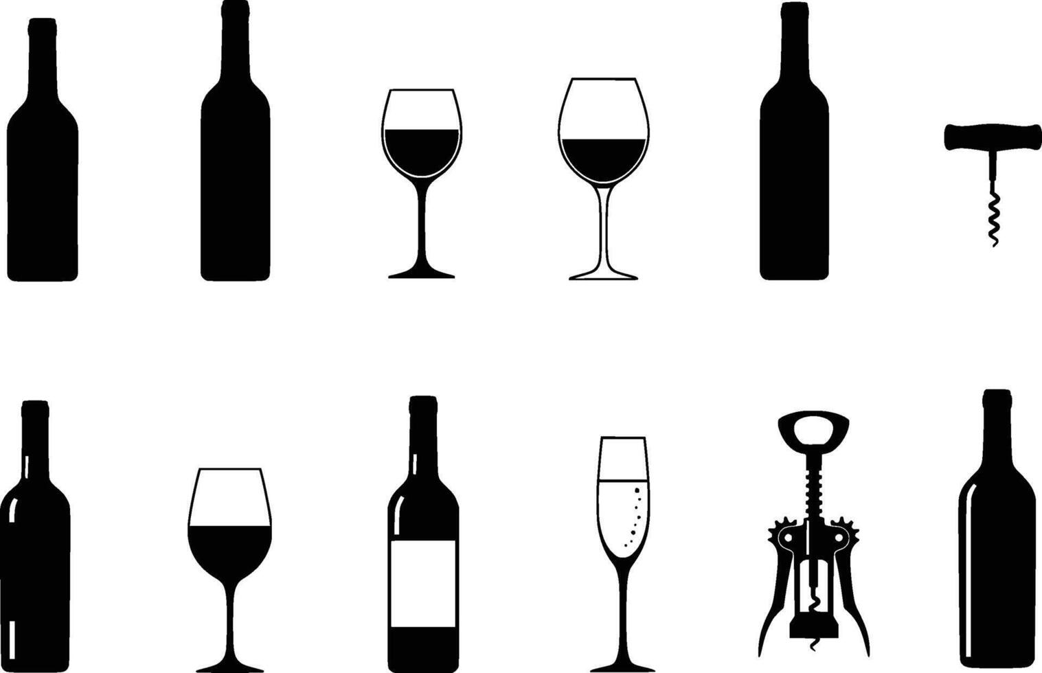 set of wine bottles glasses and corkscrews isolated on white background vector