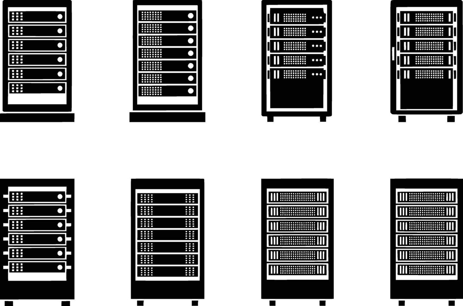 silhouette of collection of eight black server rack icons isolated on white background vector