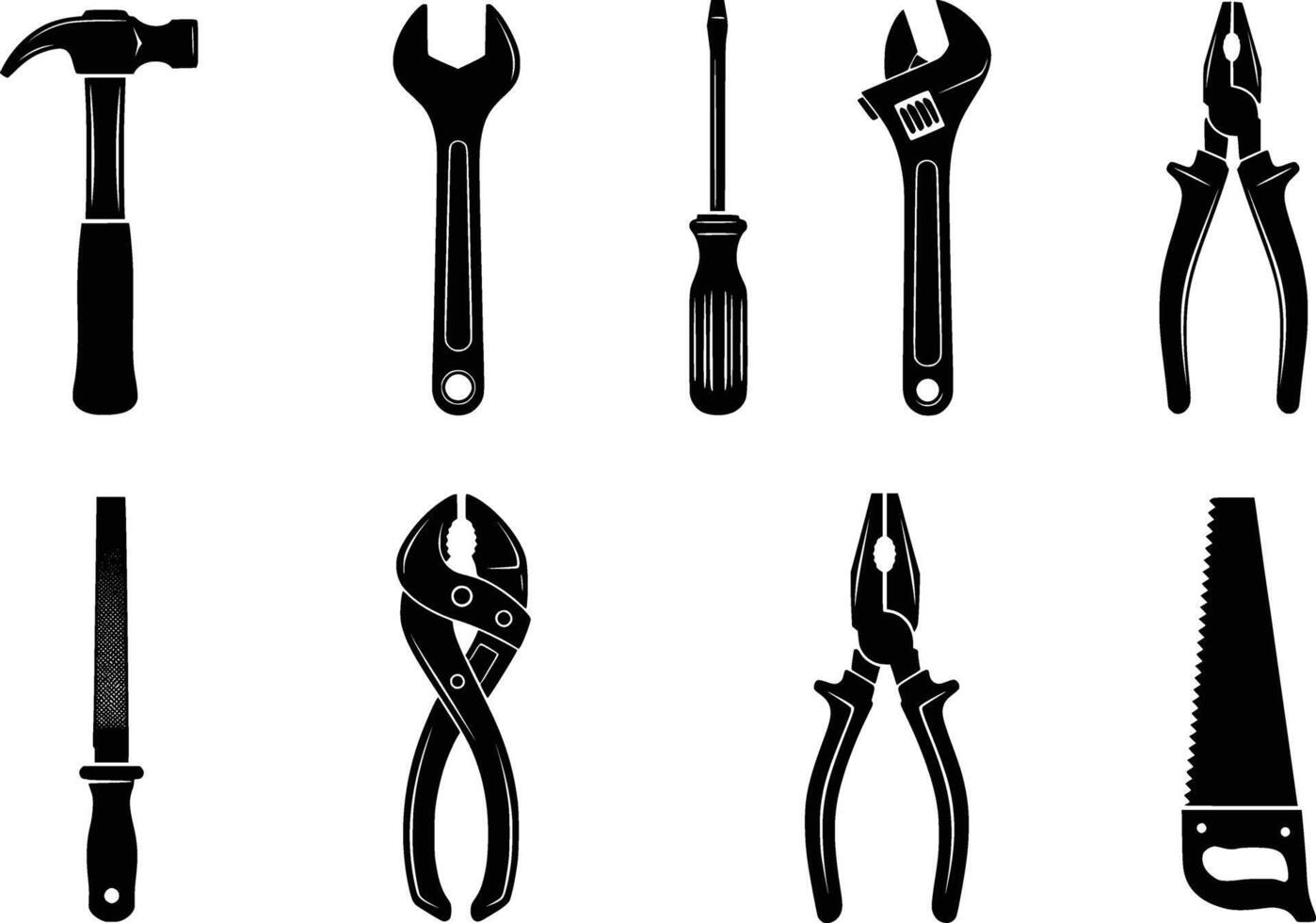silhouette of collection of essential hand tools isolated on white background vector