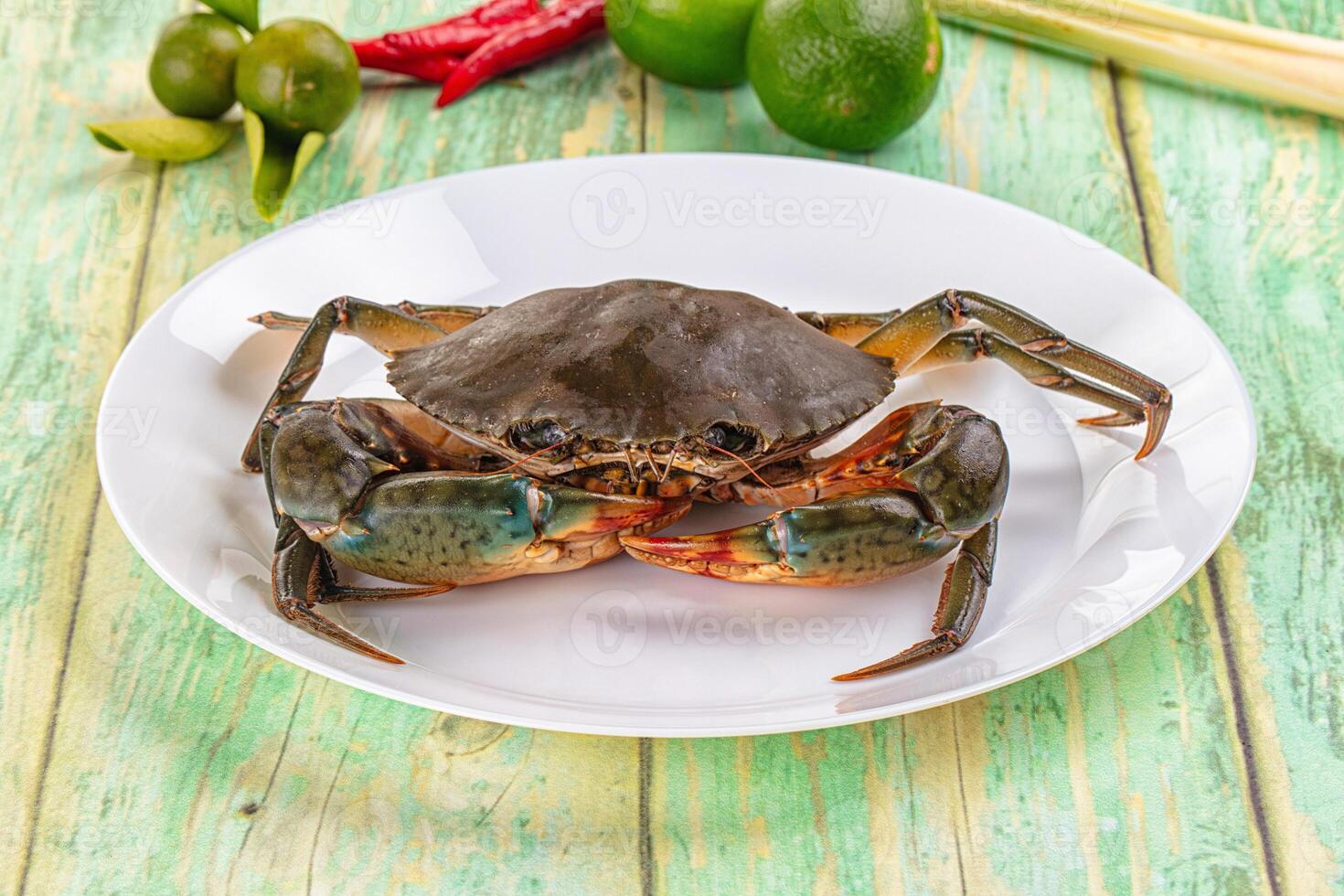 A crab on a white plate with some green peppers photo
