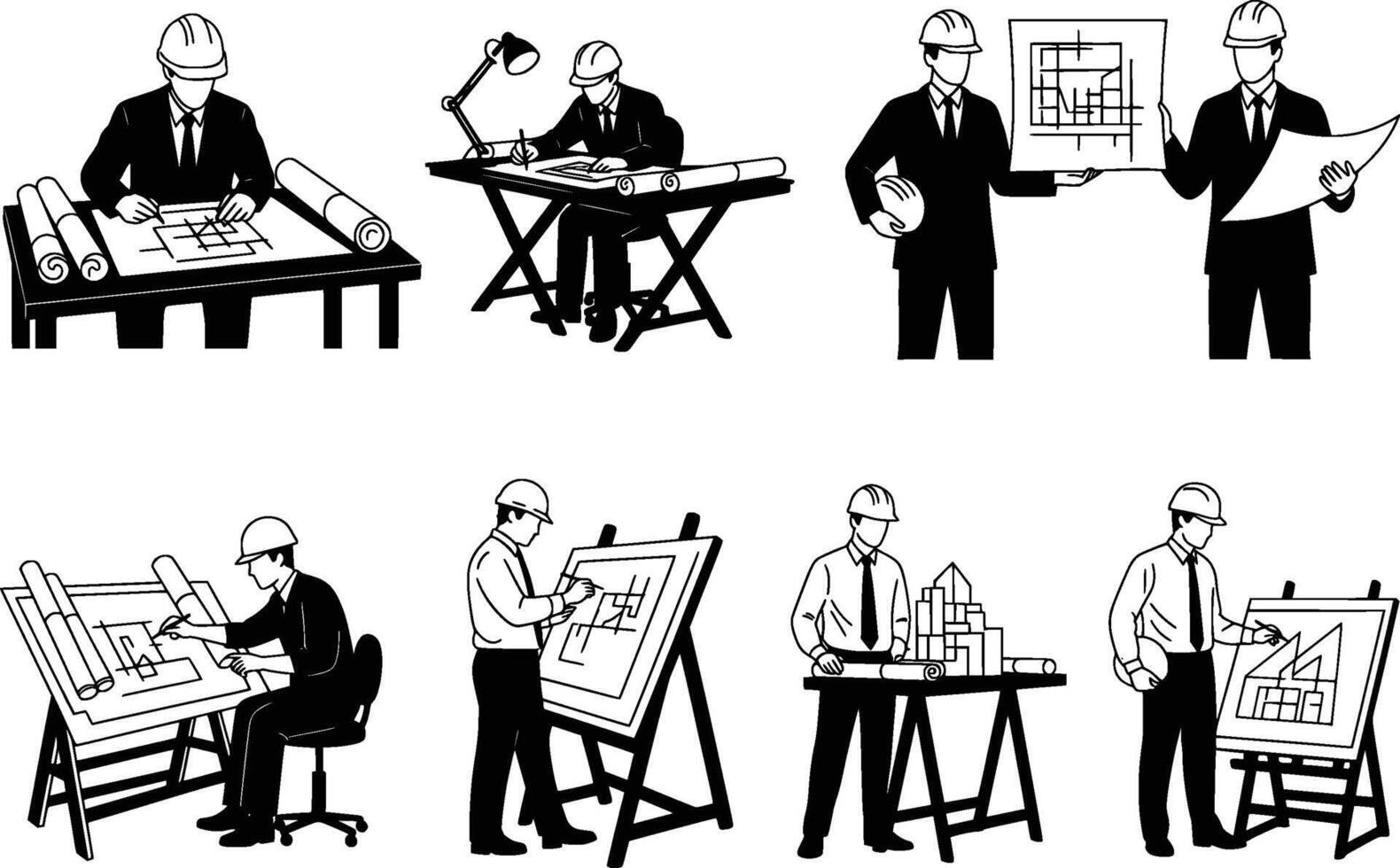 silhouettes of architects and engineers working on blueprints isolated on white background vector