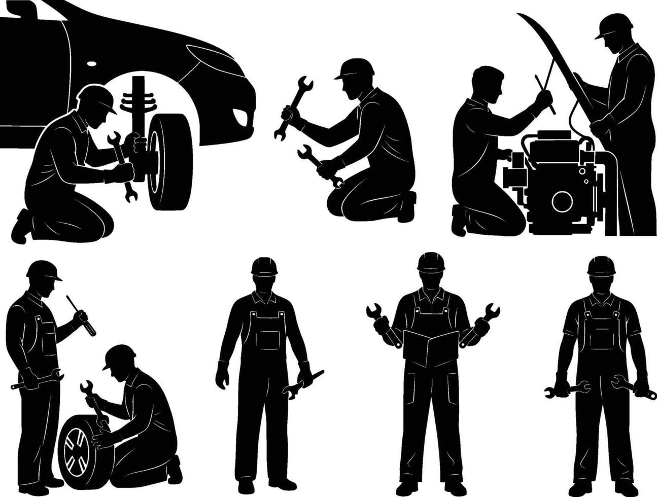 Car mechanic silhouettes set illustration vector