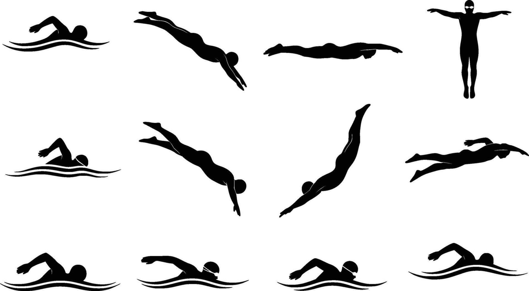various swimming styles illustrated as silhouettes isolated on white background vector
