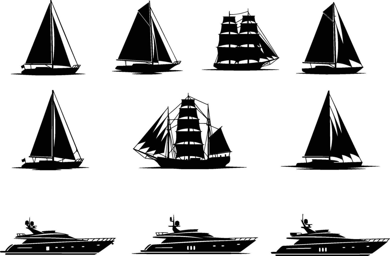 collection of isolated sailboat and yacht silhouettes on white background vector