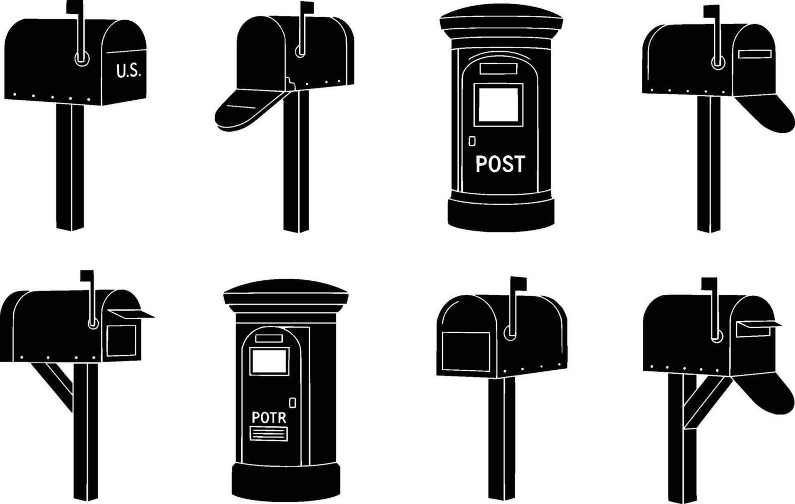 various mailbox and postbox silhouettes isolated on white background vector