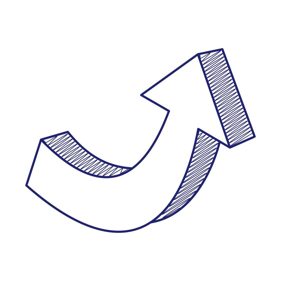 Curved Upward Arrow with Sketch Style Shading Illustration. A dynamic, three-dimensional curved arrow pointing upward and to the right. vector