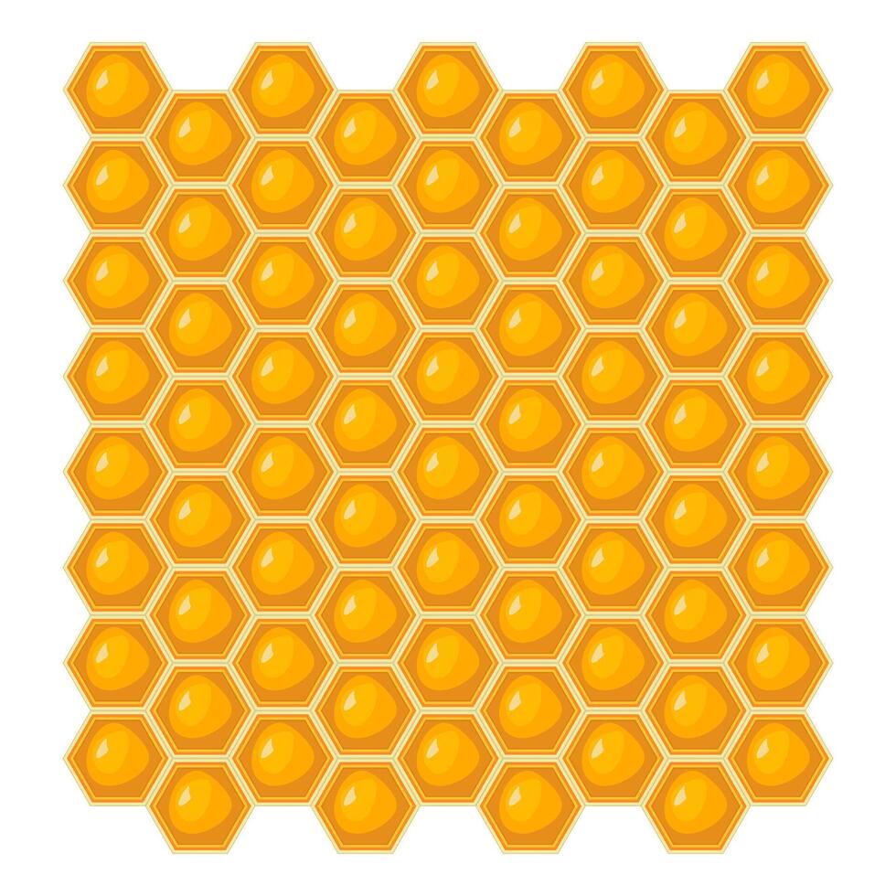 Honeycomb Pattern with Glossy Honey Cells Illustration. This vibrant illustration features a pattern of golden honeycomb cells arranged in a perfect hexagonal grid. vector