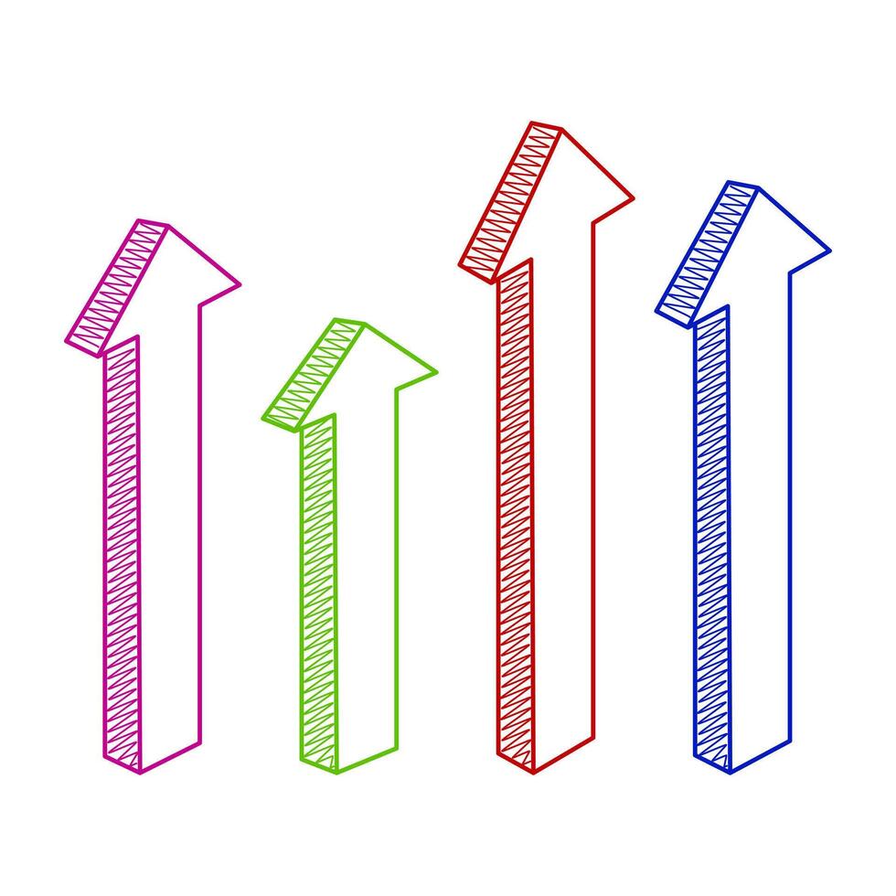 Colorful 3D Upward Arrows Illustration. A dynamic arrangement of four 3D arrows pointing upward, each outlined with vibrant colors. vector