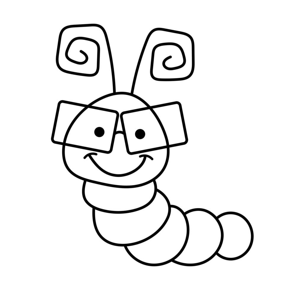 Cute Cartoon Caterpillar with Glasses and Antenna. A happy cartoon caterpillar drawing in a simple black and white outline style. vector