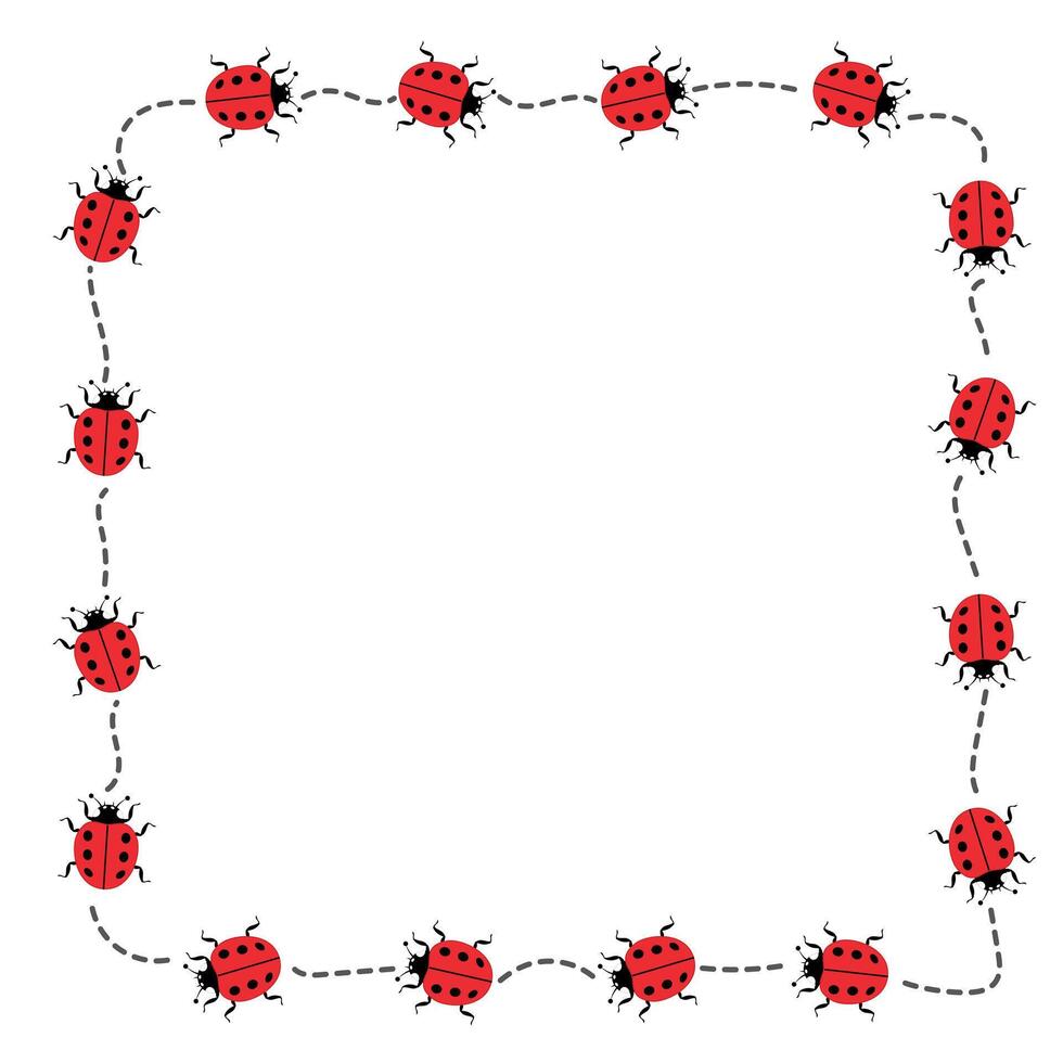 Ladybug Border with Dotted Path. Insect Frame Illustration. A square frame made up of adorable red ladybugs marching along a dotted, curving path. vector