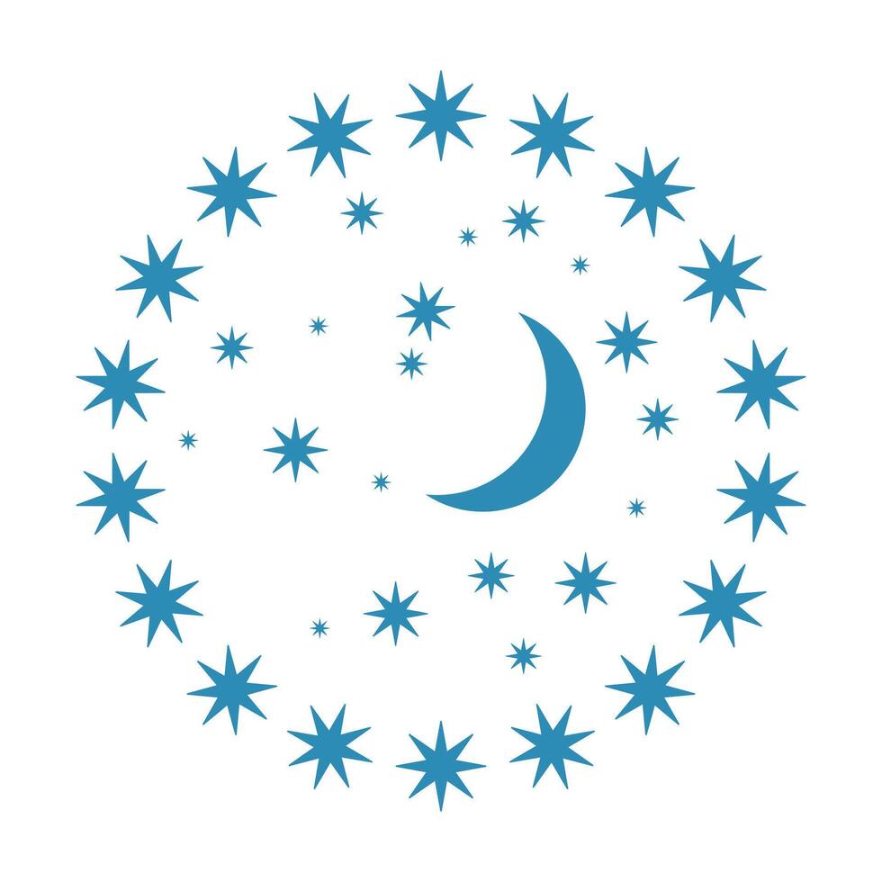 Crescent Moon with Decorative Star Circle. Celestial Illustration. A crescent moon surrounded by a harmonious arrangement of stars in varying sizes, forming a perfect circular composition. vector