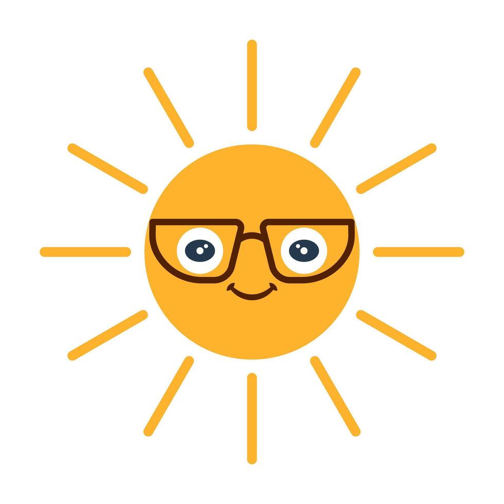 Cute Sun with Glasses. Cartoon Illustration. A bright, round cartoon sun with expressive eyes, a friendly smile and a pair of stylish brown glasses. vector
