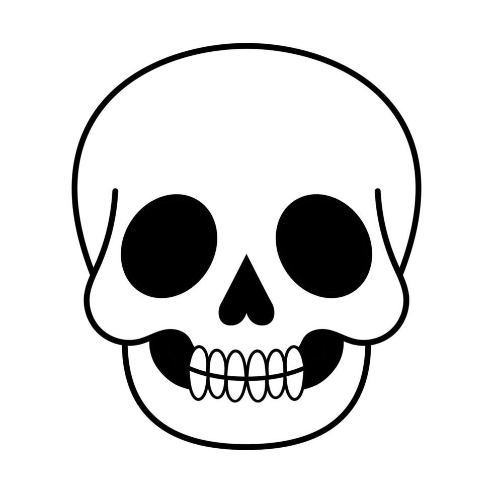 Cartoon Skull Illustration. The design includes large round eye sockets, a small triangular nose cavity and a row of simplified, rounded teeth. vector