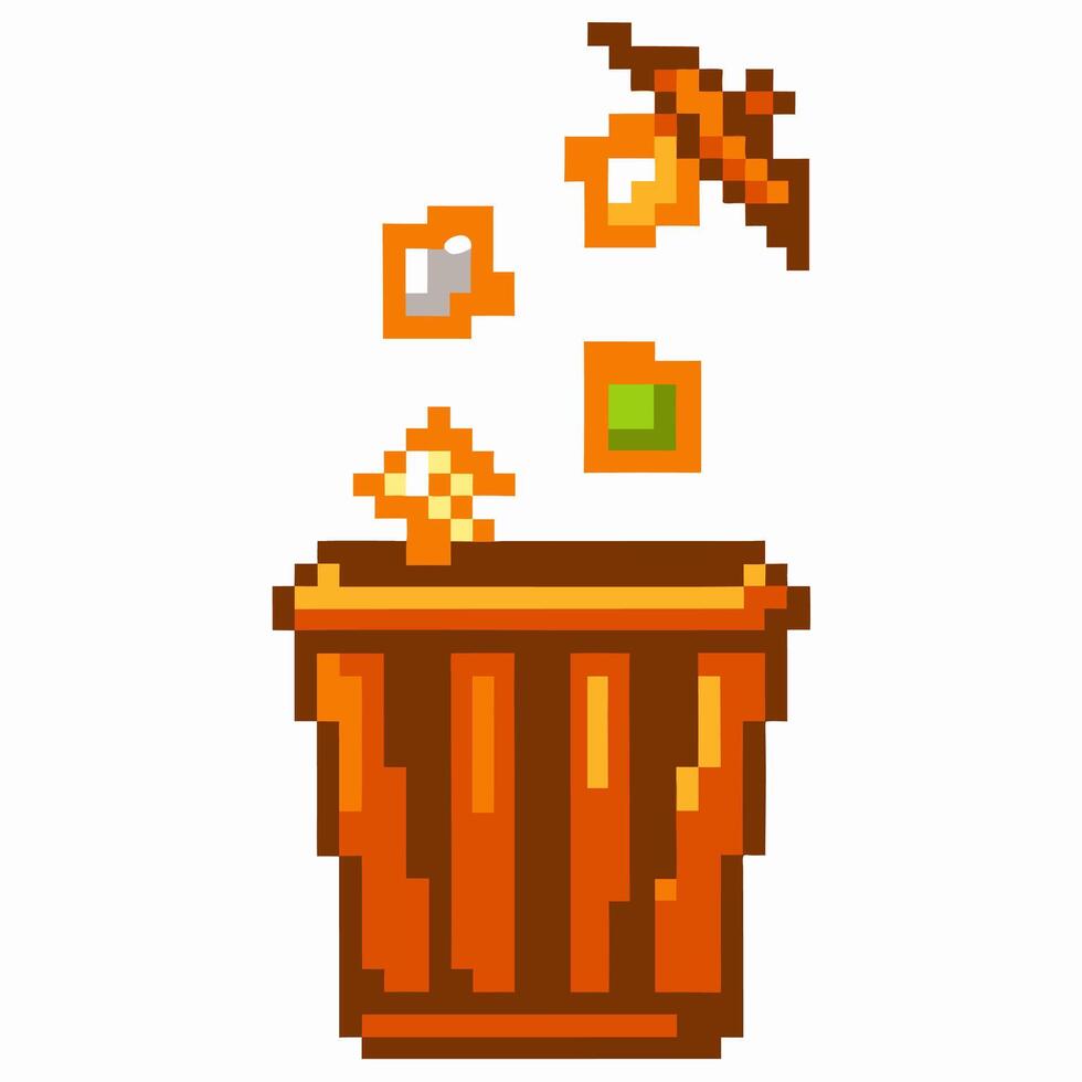Pixel art trash can with flying digital objects retro bin, elements, waste disposal, recycling concept vector