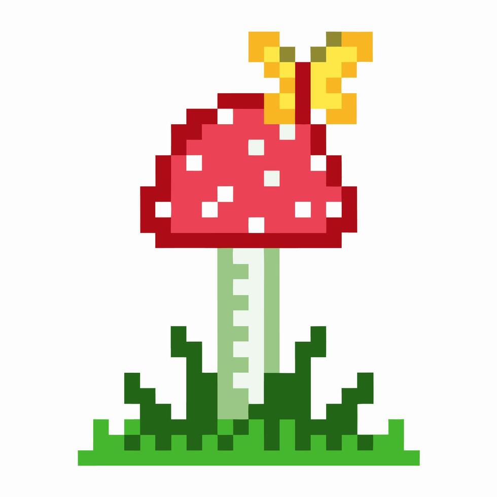 Pixel art red mushroom with white spots, yellow butterfly perched on top, surrounded by green grass isolated on white vector