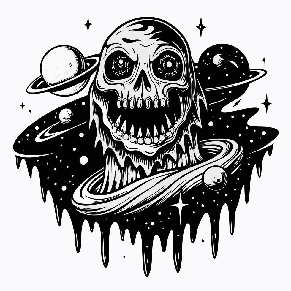Astronaut Skull in Space with Planets and Stars Cosmic Surreal Art vector