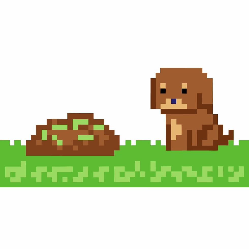 Pixel art brown dog sitting on grass beside a bowl of food, digital retro animal pet illustration vector