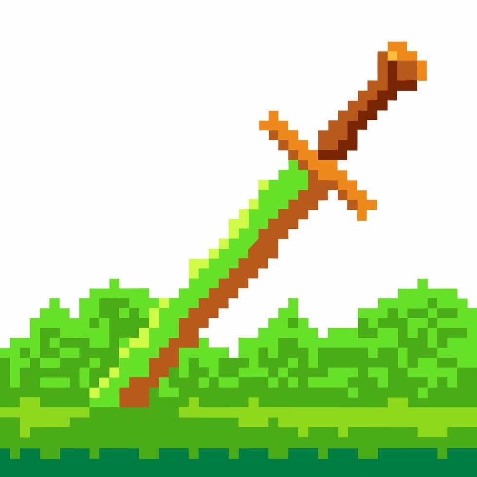 Pixel art fantasy sword in green pixelated grass, retro game weapon, 8 bit digital illustration, adventure quest icon vector