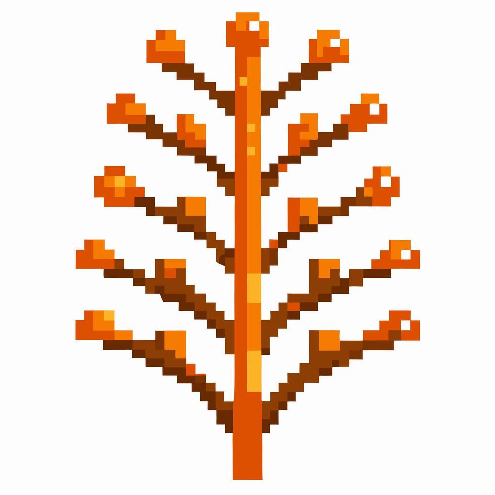 Pixel art autumn tree with orange branches and geometric symmetry, isolated on white retro digital plant illustration vector