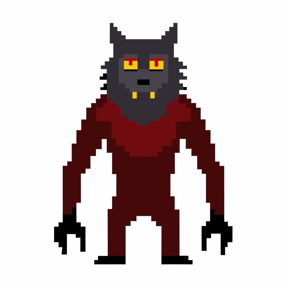 Pixel Art Werewolf Character in Red Suit with Yellow Eyes and Fangs on White Background vector