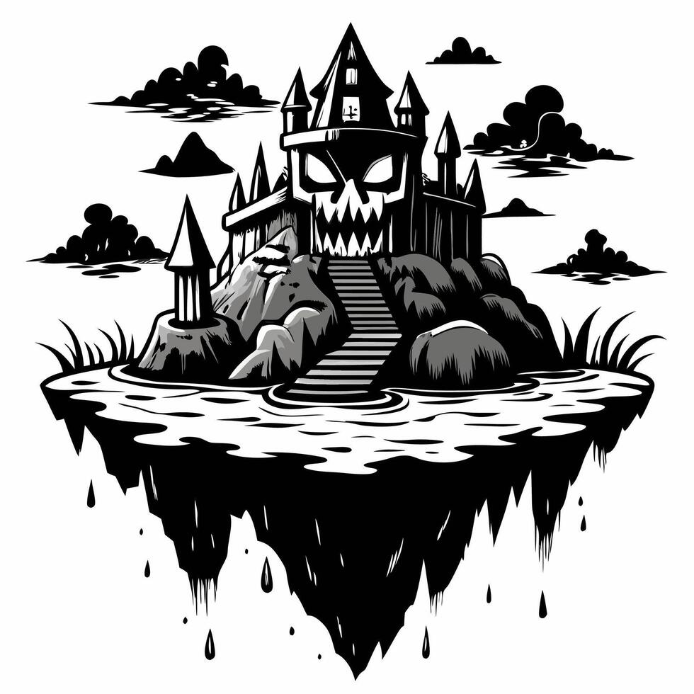 Floating Haunted Castle on Dripping Island Spooky Black and White Illustration vector