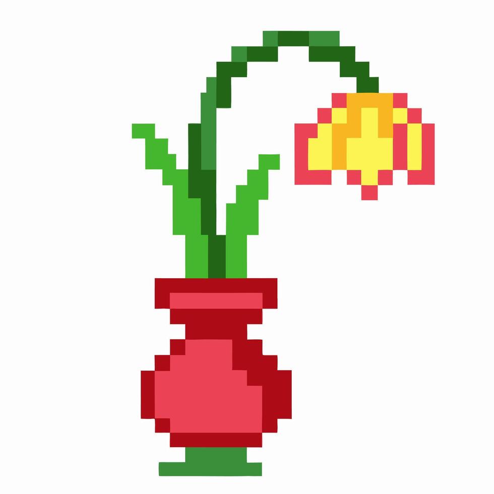 Pixel art wilted yellow flower in red vase, with green stem and leaves, retro minimal digital design vector