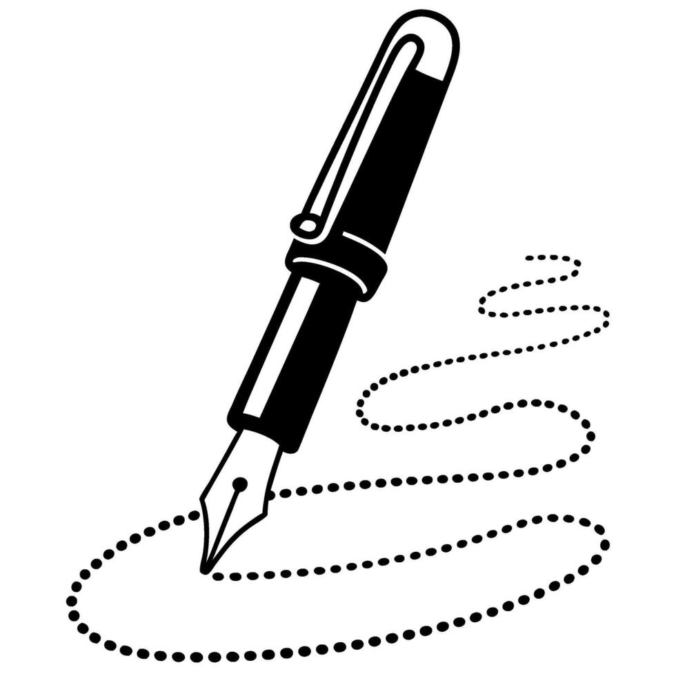 Fountain pen drawing dotted line in black and white elegant ink pen sketch, creative writing concept, vintage office tool illustration vector