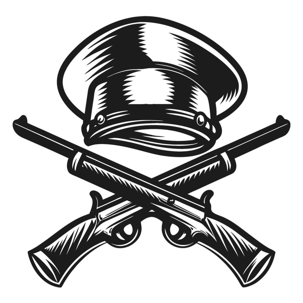 Classic police cap with crossed revolvers vintage law enforcement symbol, retro authority, justice icon illustration vector