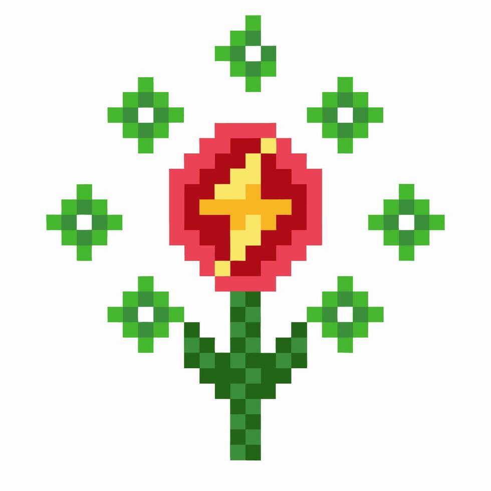 Pixel art flower with yellow star center, surrounded by green geometric shapes, retro digital botanical illustration vector