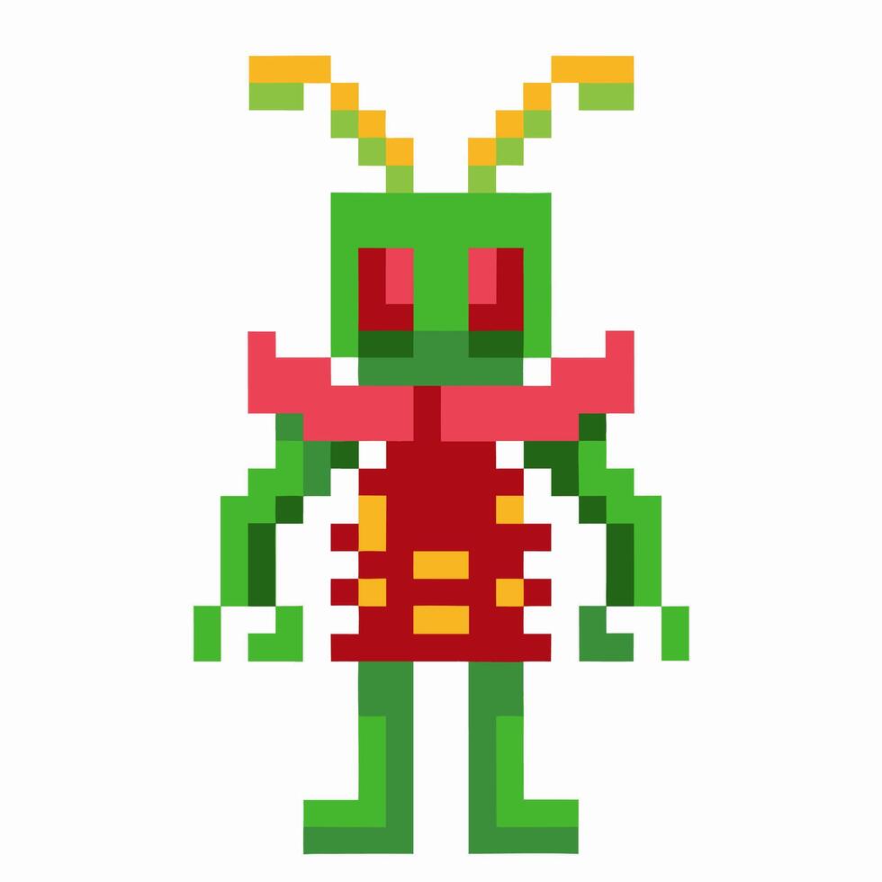 Pixelated alien character with green body, red armor, yellow accents, antennae, and blocky retro game design vector