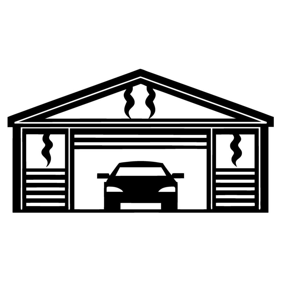 Modern residential garage with open door, single parked car inside, simple black and white icon illustration vector