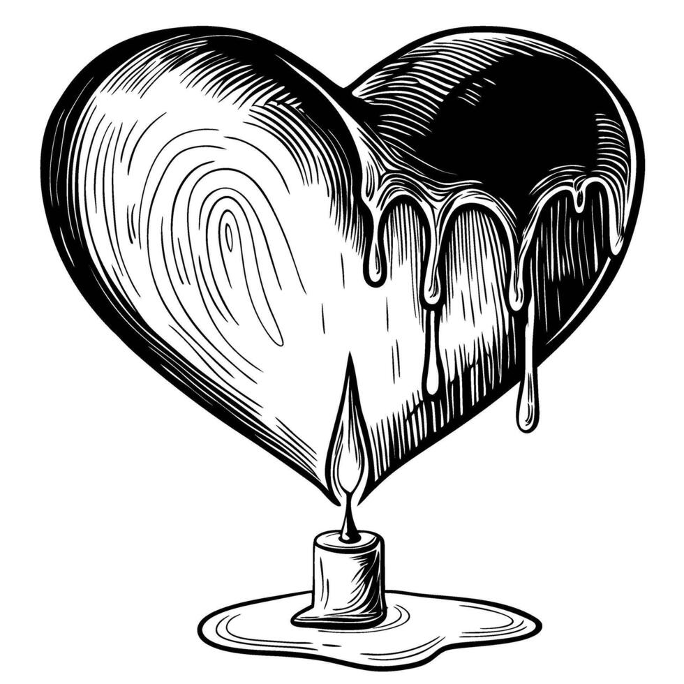 Melting heart with dripping wax and burning candle grunge hand drawn illustration, emotional sadness, heartbreak or love concept vector