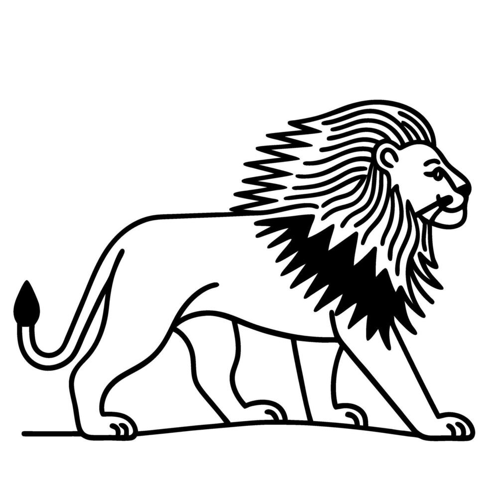 Regal lion outline standing tall, majestic mane, stylized wild animal in black line art, strength and leadership symbol vector