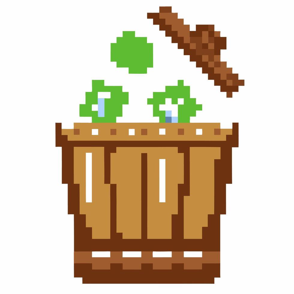 Retro pixel art wooden barrel, water splashing, falling green coins 8 bit style, gaming asset, classic collectible icon vector