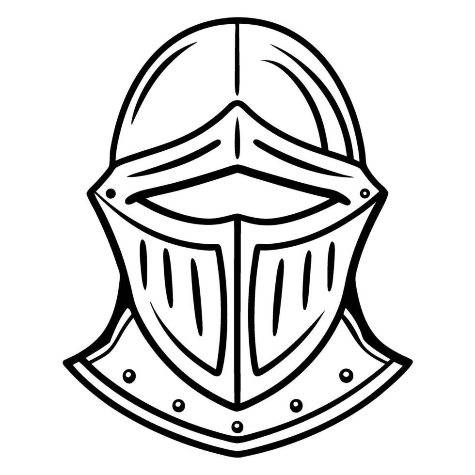 Knight armor helmet line art illustration, medieval steel face mask, protective historical war equipment outline drawing vector