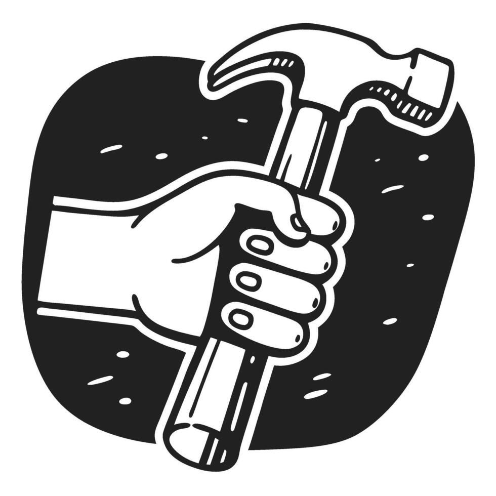 Hand firmly holding hammer, symbol of labor, craftsmanship and construction tool for carpentry, building, repair, black and white design vector
