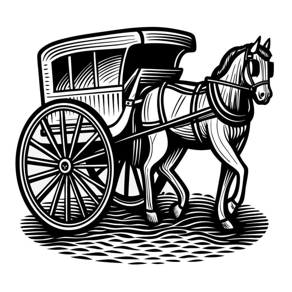 Traditional horse drawn carriage with wagon wheel, vintage transportation, retro illustration, rural history concept vector